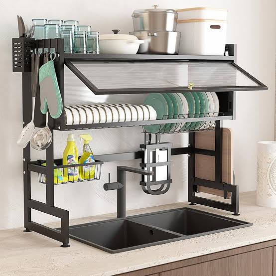 3-Tier Over-the-Sink Dish Drainer Rack with Cover Space-Saving Kitchen Organizer