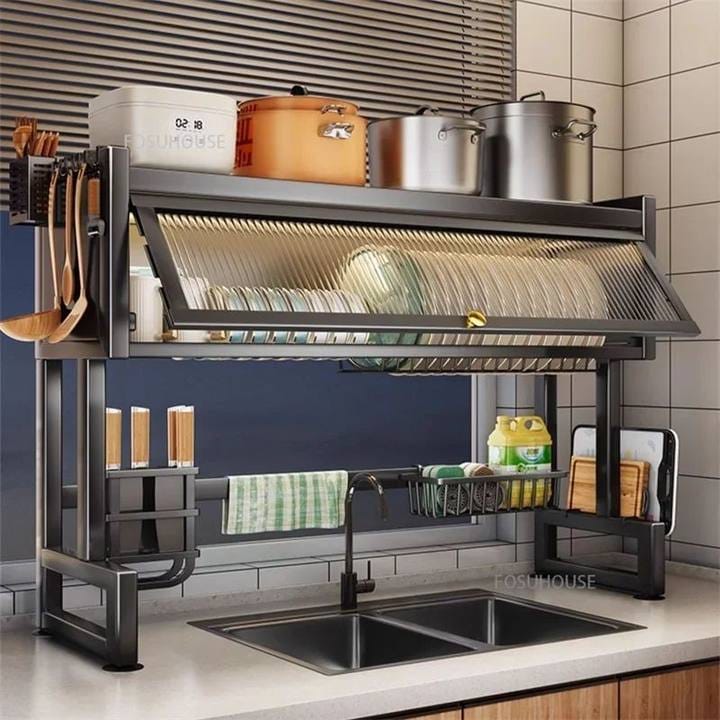 3-Tier Over-the-Sink Dish Drainer Rack with Cover Space-Saving Kitchen Organizer