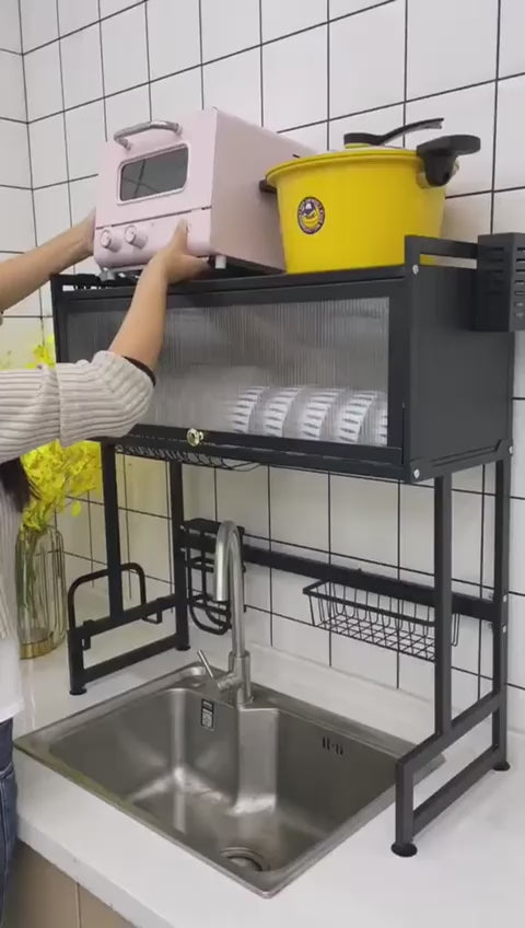 3-Tier Over-the-Sink Dish Drainer Rack with Cover Space-Saving Kitchen Organizer